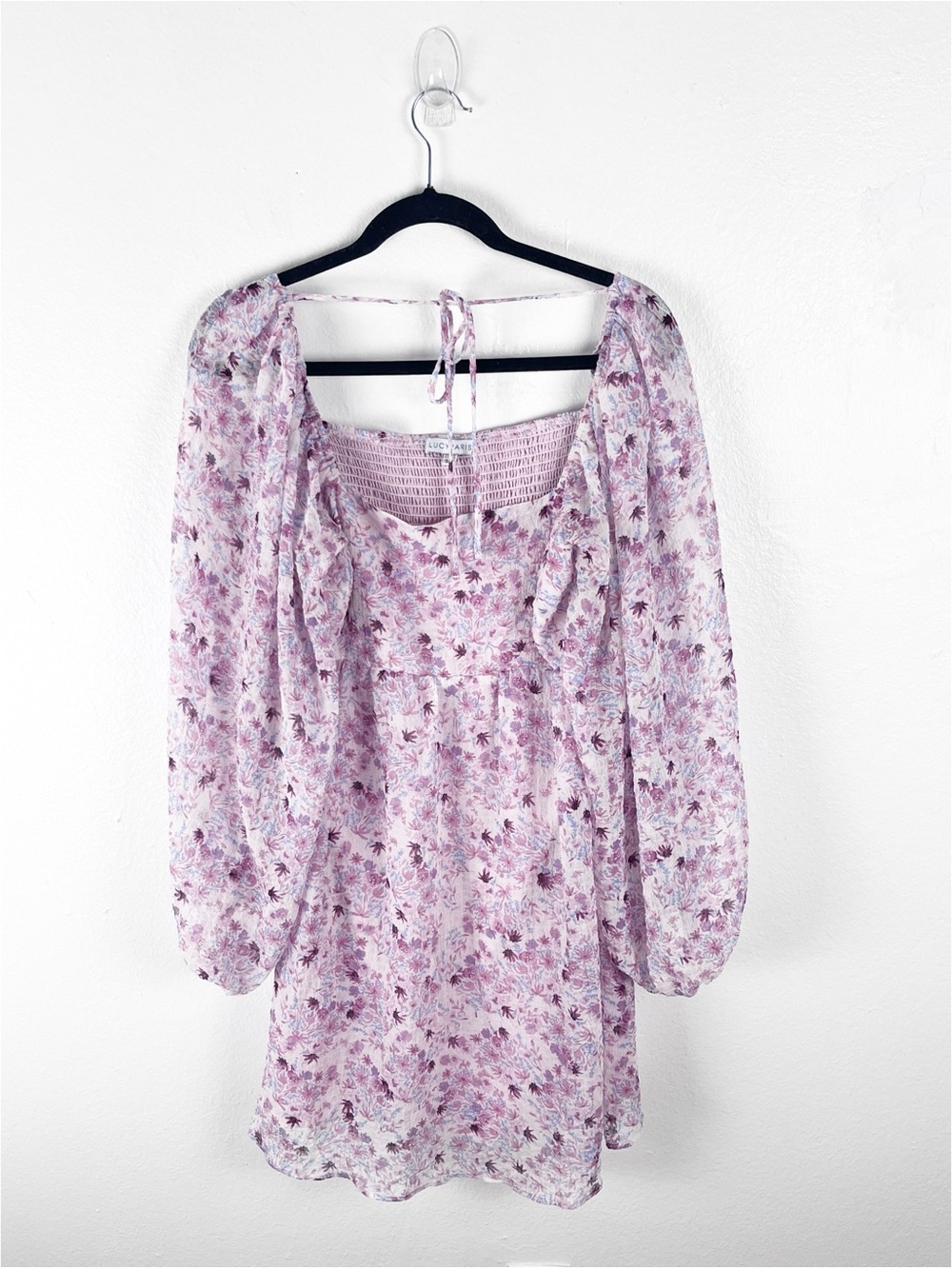 LUCY PARIS Floral Sheer Long Sleeves Smocked Bodice Tie Top Dress Size Medium